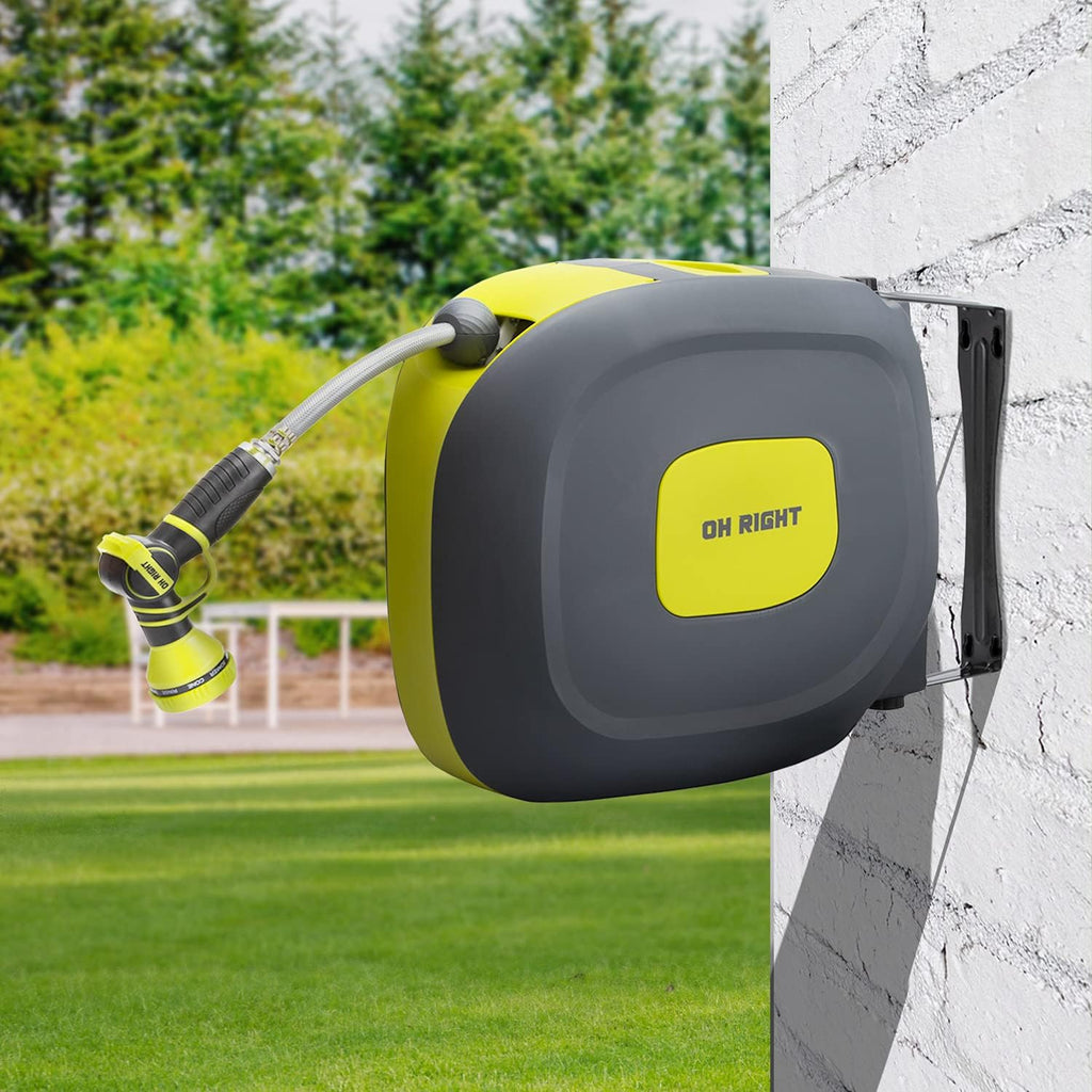 Retractable Garden Hose Reel 1/2" 115'+5' with 180° Swivel Metal Bracket, Wall Mounted Water Hose Reel with 9 Pattern Nozzle Z36459