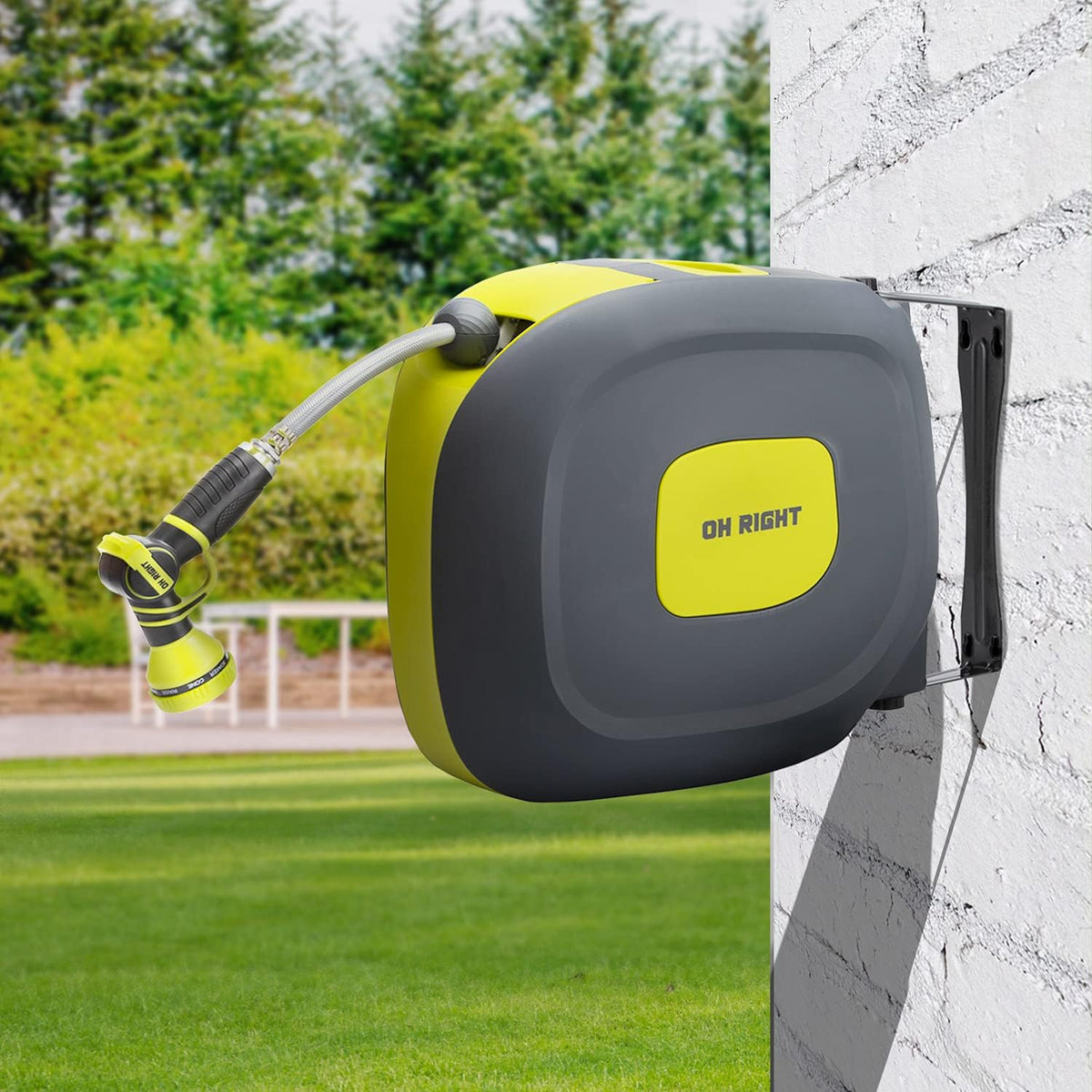 Retractable Garden Hose Reel 1/2" 115'+5' with 180° Swivel Metal Bracket, Wall Mounted Water Hose Reel with 9 Pattern Nozzle Z36459