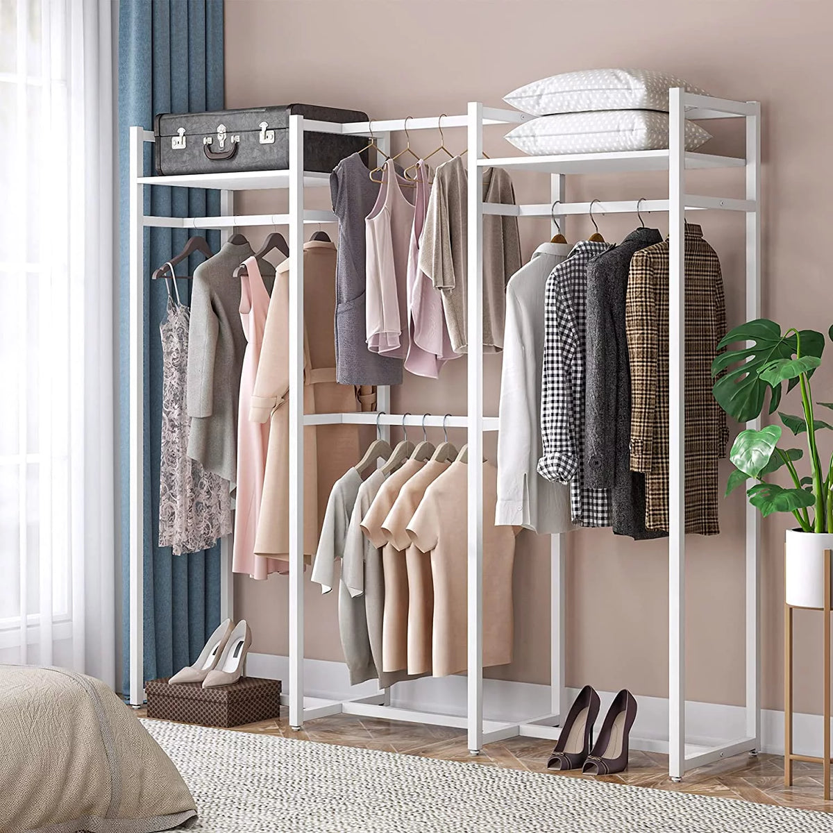 Heavy Duty Free Standing Clothes Rack with Shelves and Hanging Rod G354