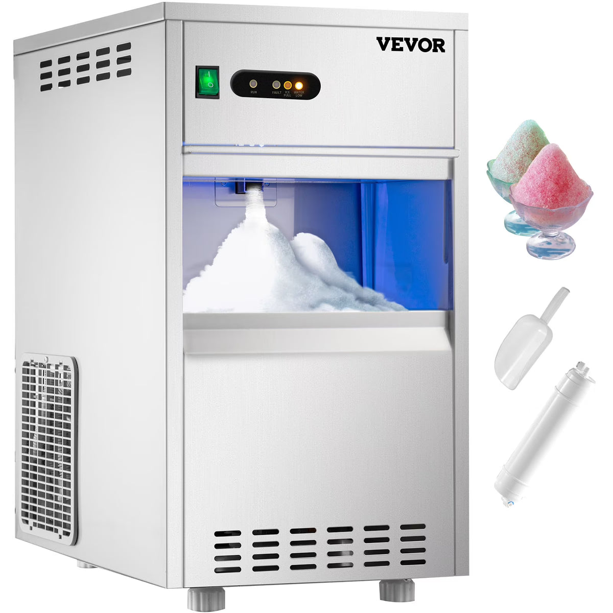 110V Commercial Snowflake Ice Maker 55lbs/24h, Food Grade Stainless Steel, Automatic Operation, Free Standing, Water Filter and Spoon O86458
