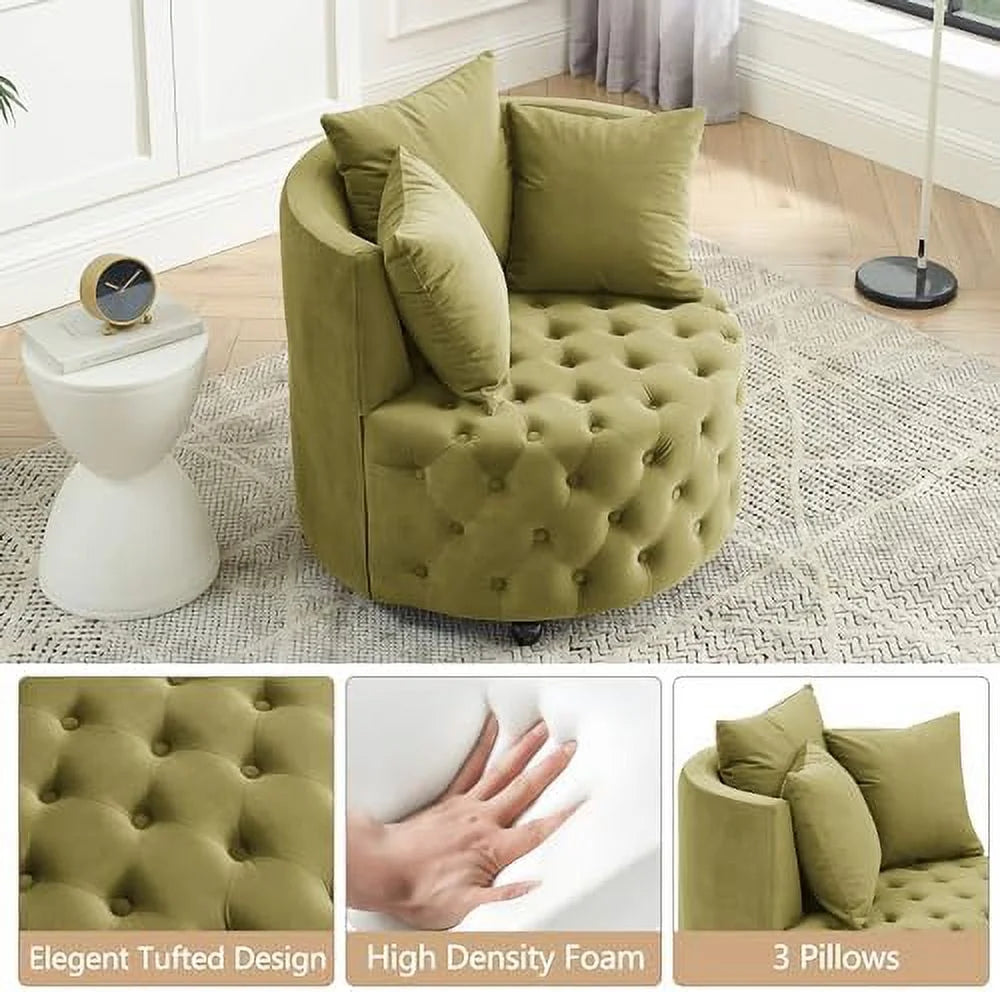 Pink Velvet Swivel Barrel Chair with 3 Pillows and Wheels N57343