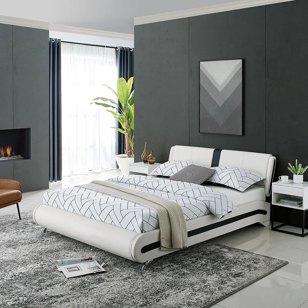 Queen White Platform Bedroom Set with Striped Headboard K161