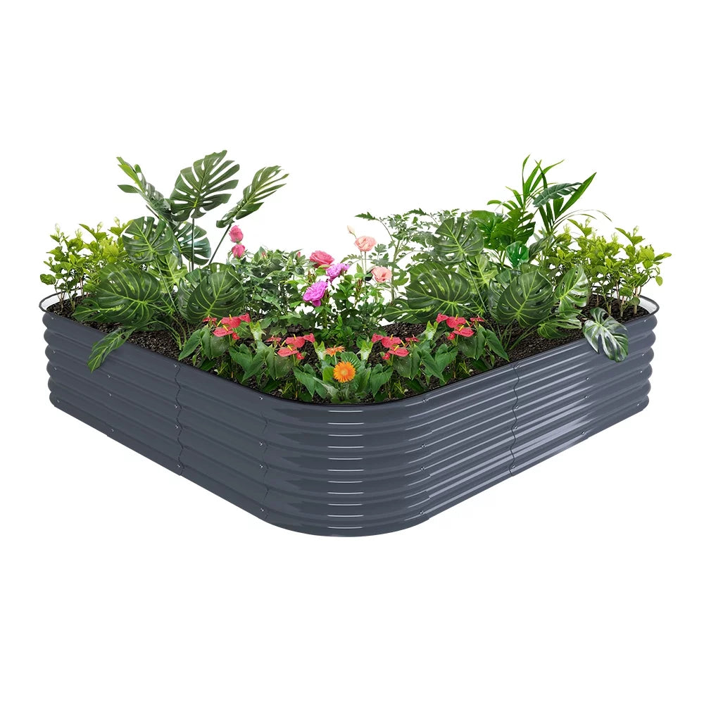 17" Tall L-Shaped Modular Corrugated Metal Raised Garden Beds Grey U839371