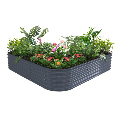 17" Tall L-Shaped Modular Corrugated Metal Raised Garden Beds Grey U839371