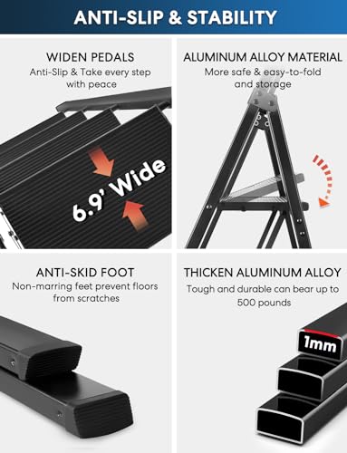 4 Step Ladder, Lightweight Portable Folding with Anti-Slip Wide Pedal, 330lb Capacity Aluminum, Black V2866