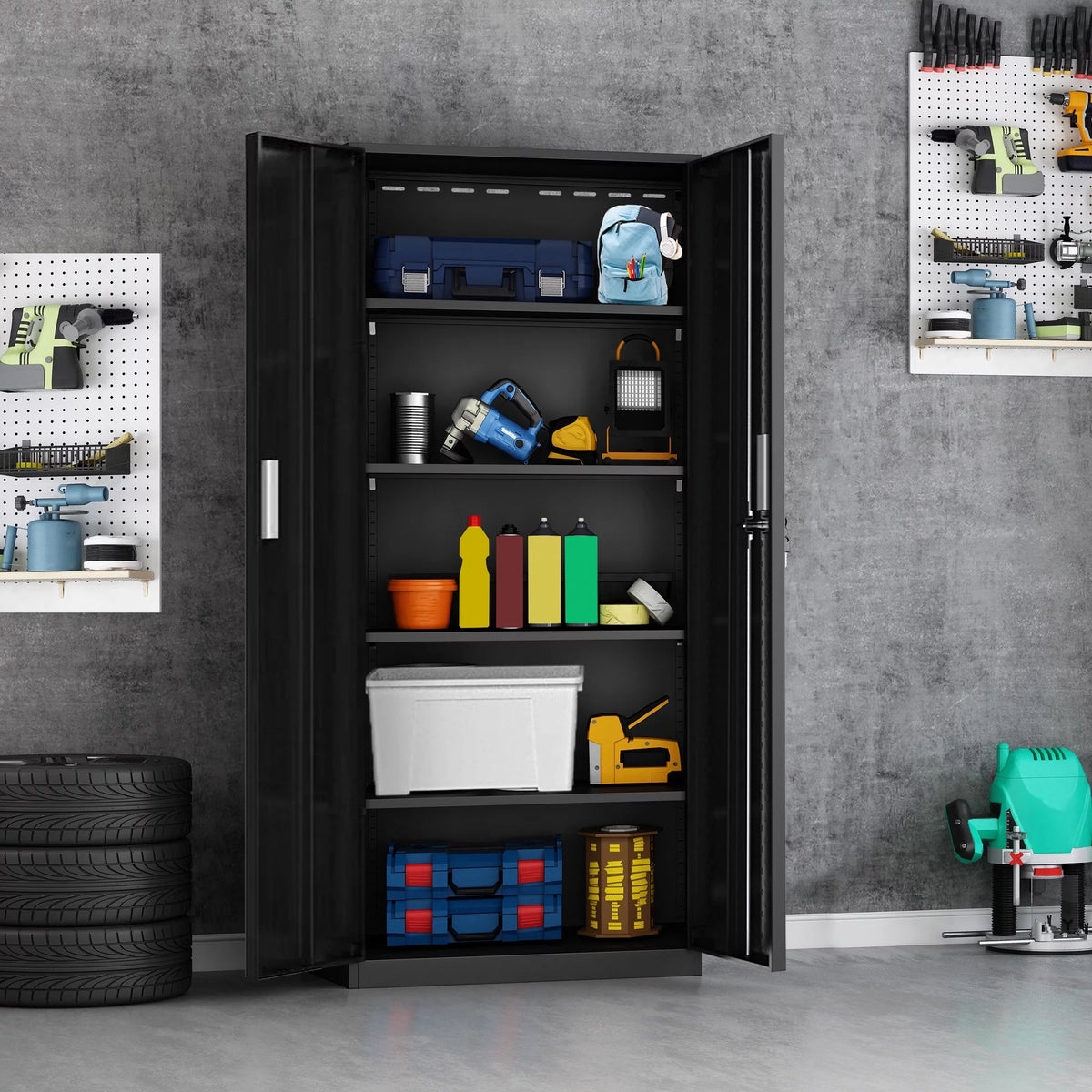 Tall Metal Storage Garage Cabinets with Locking Doors and 4 Adjustable Shelves X6802