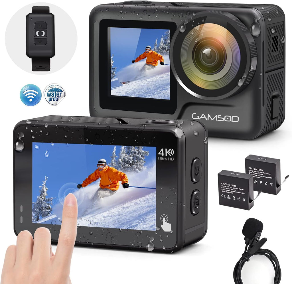 4K 60FPS Waterproof Action Camera with Stabilization, WiFi, Dual Screen, 2 Batteries V57122