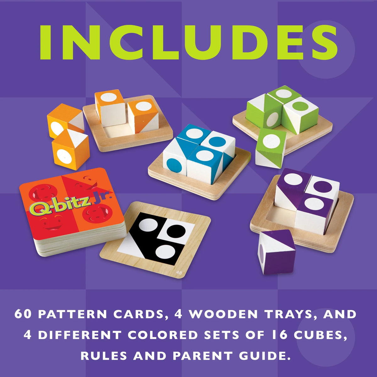 Q-bitz Jr. Game - 60 Pattern Cards, 4 Wooden Cube & Tray Sets N4539