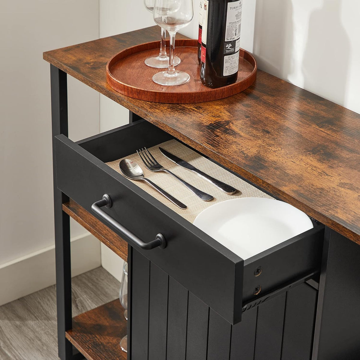 Rustic Brown and Black Steel Frame Buffet Cabinet with Drawer and Shelves L362
