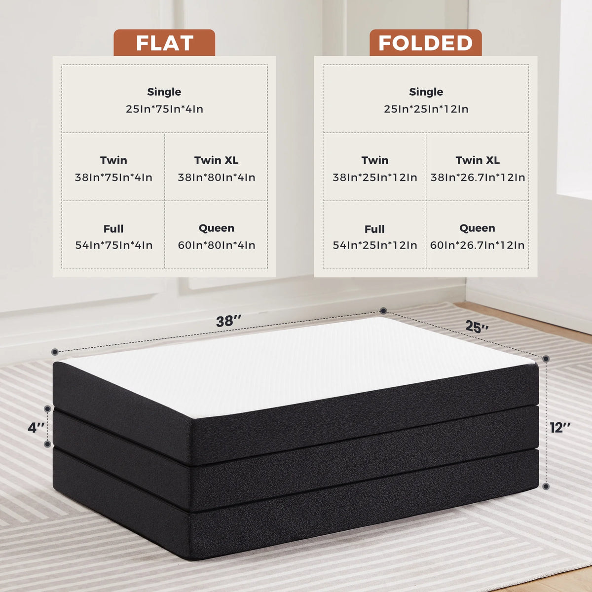 4 inch Tri-fold Memory Foam Mattress Topper, Twin Size, White I8950