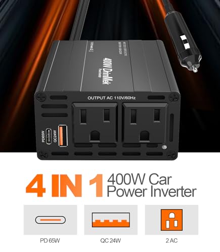 400W Car Power Inverter Dual DC 12V to 110V AC USB C 65W F884